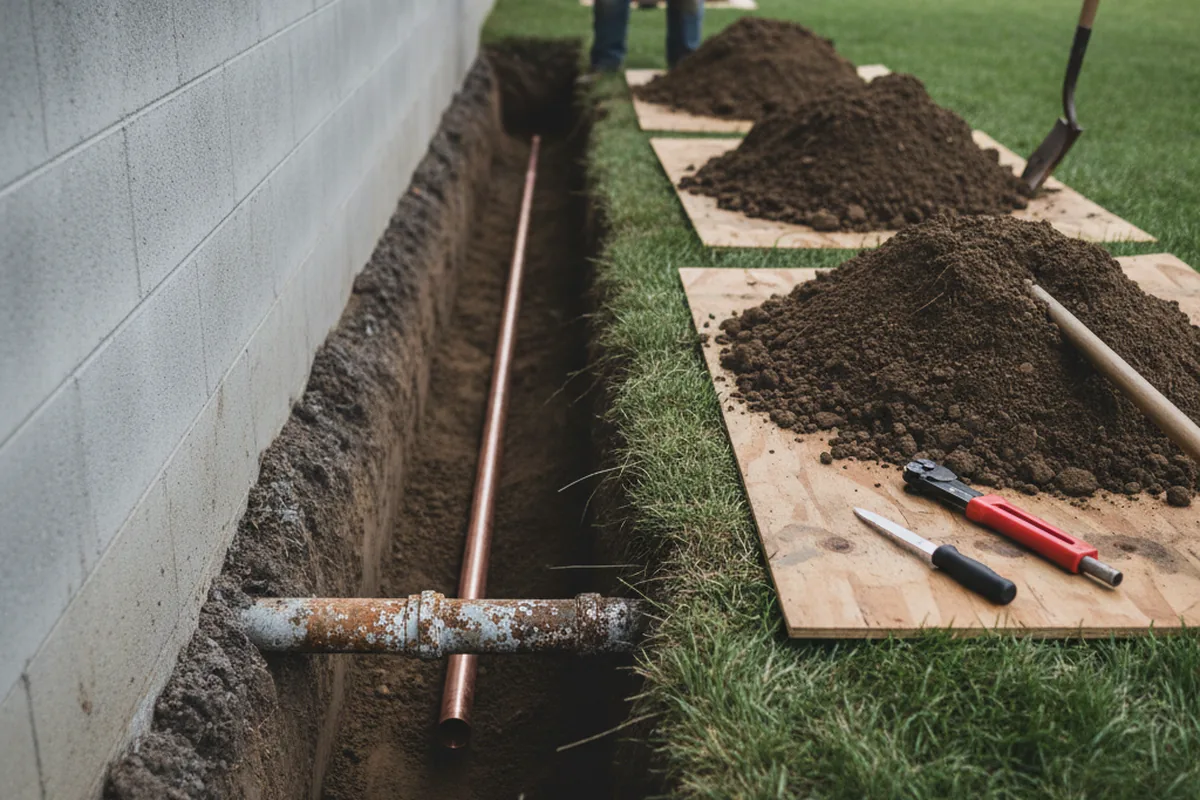 Excavated water line trench during Water Softener Installation in Sarcoxie